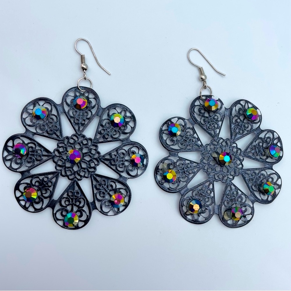 Black Filigree Rainbow Rhinestone Drop Earrings Boho Mandala Statement